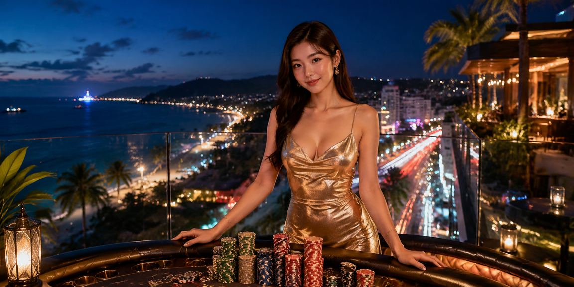 Không gian sòng bạc neon về đêm tại Phú Quốc với ánh đèn rực rỡ